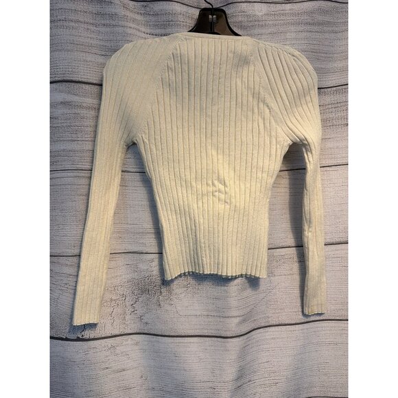 Zara Cream Ribbed V-Neck Long Sleeve Knit Sweater Size M - Picture 3 of 3